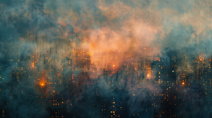 An abstract canvas where the smoke takes on the appearance of a city skyline at dusk, lights twinkling through the haze. - obrazy, fototapety, plakaty