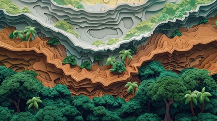 A layered papercut design for a campaign against deforestation, featuring a disappearing forest with contrasting healthy and barren areas, made from recycled paper. - obrazy, fototapety, plakaty