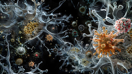 An intricate depiction of the immune system. emphasizing the elaborate cells and defense mechanisms. The setting is black to accentuate these complex patterns. 