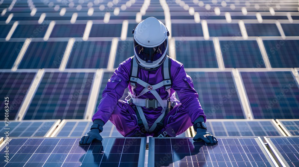 Poster an operator in a purple and white suit is calibrating the panels of a solar array at a solar farm.