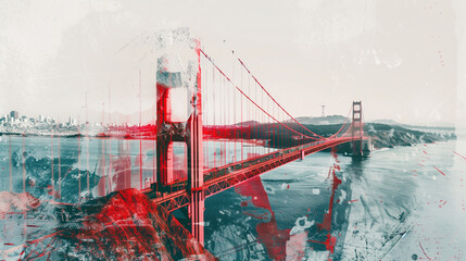 Abstract Golden Gate Bridge in Double Exposure Photography and Minimalist Contemporary Style