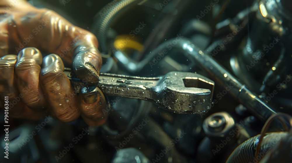 Poster an up-close look at a wrench while working on a car, emphasizing its durability and usefulness in me