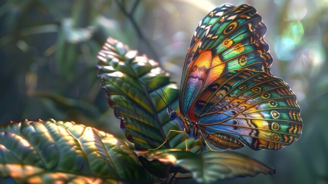 A hyper-realistic close-up of a colorful butterfly perched on a leaf, showcasing the iridescent scales on its wings and the delicate veins.