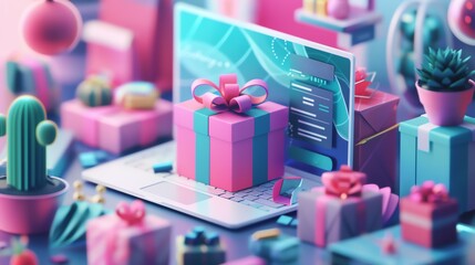 A 3D rendering of a laptop with a pink and blue gift box on the keyboard. The gift box is wrapped in a pink ribbon with a bow. There are other gifts, cacti, and baubles on the desk. - obrazy, fototapety, plakaty