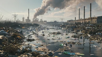 Foto op Aluminium A hyperrealistic image of a polluted river, overflowing with trash and industrial waste, with a factory spewing smoke in the background.  © Eve Creative