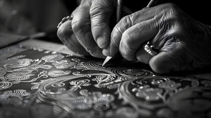 An up-close perspective of a jeweler’s hands engraving intricate motifs into metal.