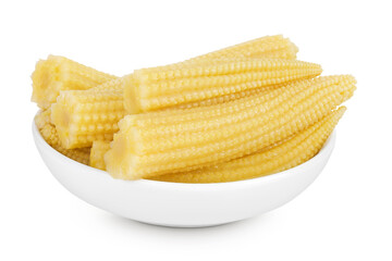 Pickled young baby corn cobs in ceramic bowl isolated on white background