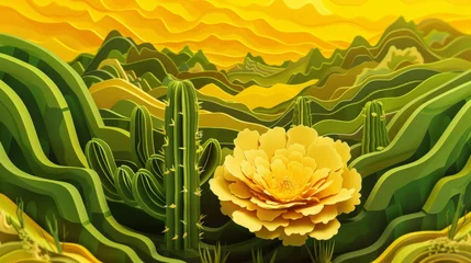 Foto op Canvas A layered papercut illustration of a blooming cactus flower in a desert landscape, showcasing resilience and beauty, crafted from green and yellow recycled paper.  © Eve Creative
