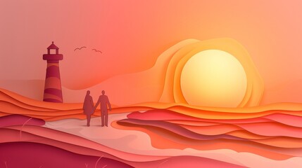 illustration of a couple walking hand-in-hand on a beach at sunset, with a layered papercut silhouette of a lighthouse guiding their way, crafted from warm tones of orange and pink paper. 