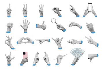 Set of 3d hand gestures ok, peace, thumb up, dislike, point to object, holding magnifier, money,...