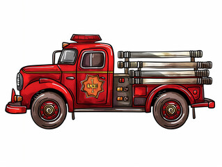 Retro red fire engine on white background