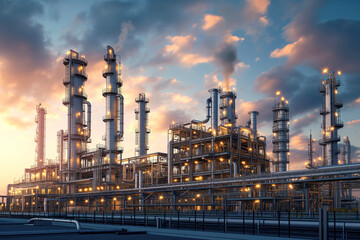 An oil refinery plant in industrial zone with factory smoking pipe AI Generative - obrazy, fototapety, plakaty