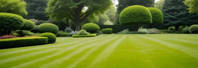 Foto op Aluminium A well-manicured green lawn surrounded by lush, verdant trees and shrubs in a tranquil garden setting © nizar