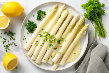 tasty white asparagus with creamy sauce hollandaise on a plate, top view, delicious vegetarian dish