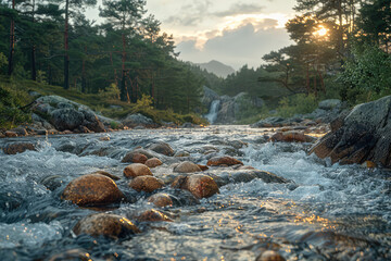 A wide shot of the raging river in Norway, in a forest with a misty atmosphere, in the cinematic and realistic epic style. Created with Ai - obrazy, fototapety, plakaty