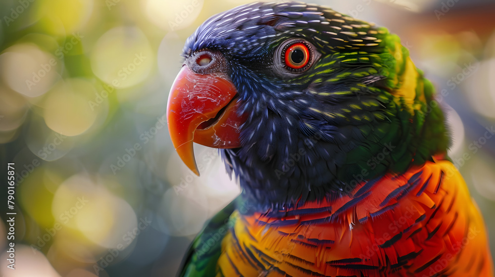 Poster close up of a colorful parrot's face with a big beak. blurred background as if in a pet shop or zoo