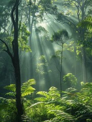 Simplicity in the Australian rainforest: Sunlight filtering through dense foliage.