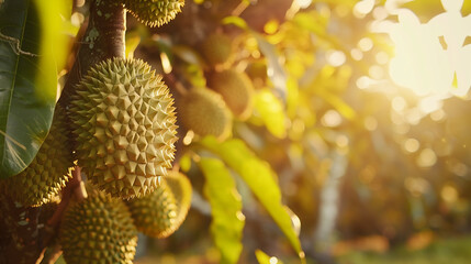 Durian fruit on the tree. Tropical fruit