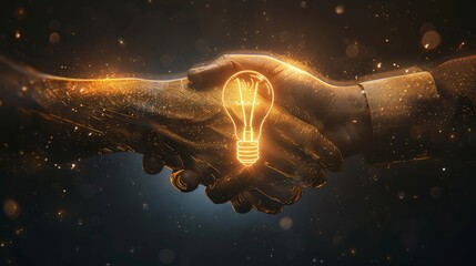 A line art handshake with a lightbulb above it, representing new ideas and partnerships. - obrazy, fototapety, plakaty