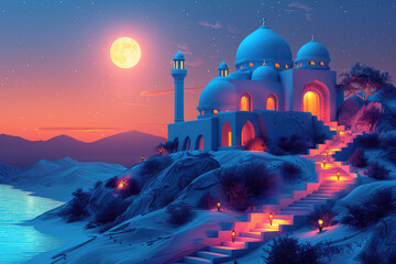 3D cartoon-styled painting of an Arabian village at night with glowing lanterns and the full moon in the sky. Created with Ai - obrazy, fototapety, plakaty