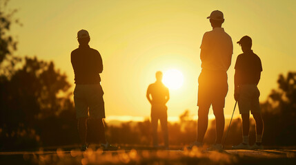 Silhouette of a group of golfers chatting or playing golf on the course after the evening sunset.