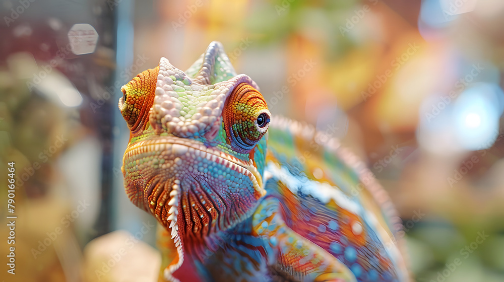 Poster close up of a vibrant chameleon in a reptile store. its unique face with colorful scales and eyes
