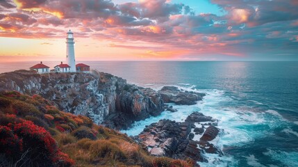 Naklejka premium A picturesque lighthouse on a rocky Australian coastline.