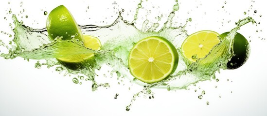 Limes and Lime Slices Splashing into Water