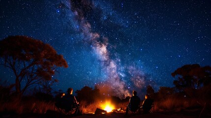 A group of friends camping under the stars in the Outback.