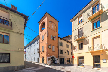 Chiusa di Pesio, Cuneo, Italy - April 19, 2024: Old town hall and 15th-century civic tower now home...