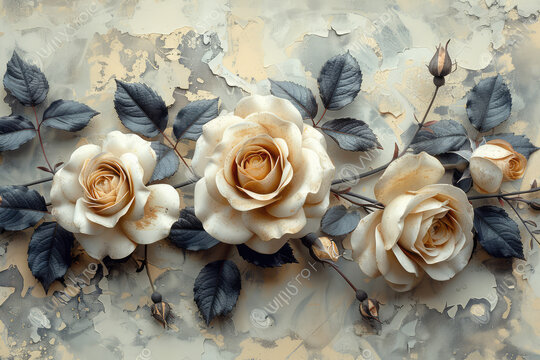  3D roses, beige and gray color scheme, in the style of oil painting, wall mural, decorative relief. Created with Ai