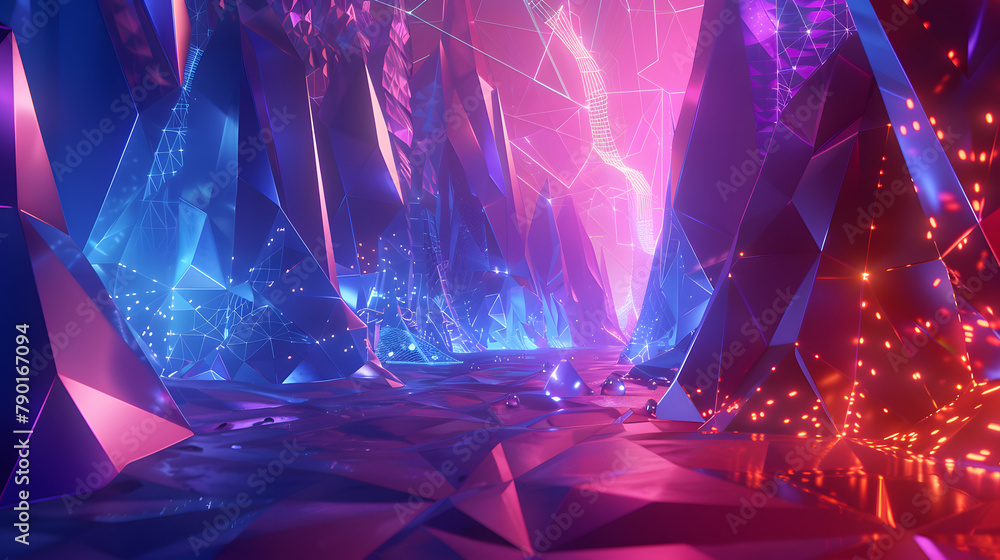 Poster digital landscape displaying a polygonal network with luminous nodes. establishing a progressive and
