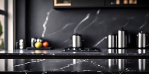 A modern kitchen countertop made of dark (marble, with a blurred background featuring kitchen appliances and shelves)