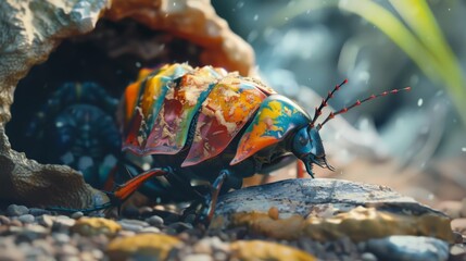 A macro shot of a colorful beetle emerging from its pupa, its wings still soft and crumpled, showcasing the process of metamorphosis.