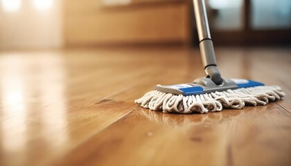 A close-up view of a mop on a wooden floor, with the mop head in focus and the background blurred
