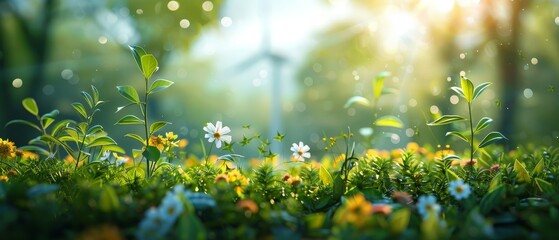 Obraz premium A field of flowers and plants with a beautiful blurred background