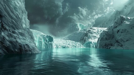 A majestic glacier calving into a turquoise lake, revealing a dark and gritty underbelly of pollutants. - obrazy, fototapety, plakaty