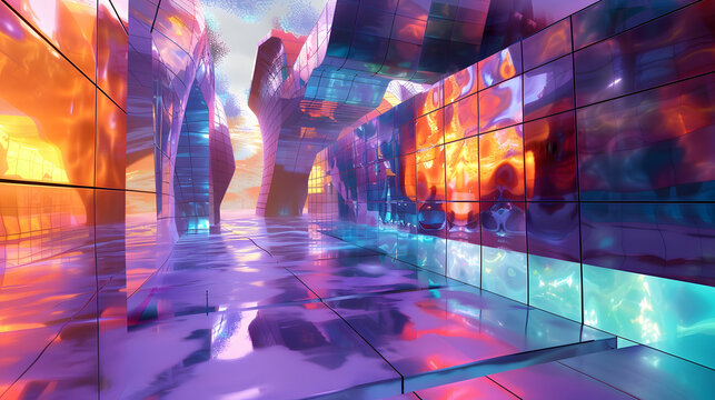 Digital vista displaying a virtual reality mesh with glowing vertices. creating an innovative and game-inspired backdrop for product exhibition. The vibrant shades of amber