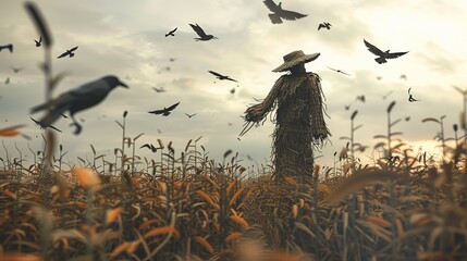 A melancholic papercut scene of a lone scarecrow standing in a field of harvested crops, crows flying overhead against a muted autumn sky.  - obrazy, fototapety, plakaty
