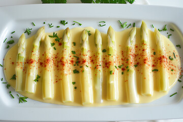 tasty white asparagus with creamy sauce hollandaise on a plate, top view, delicious vegetarian dish