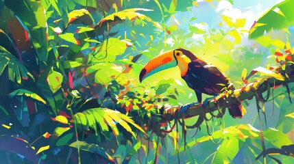Obraz premium Picture a vibrant sunny morning in the jungle where a colorful toucan bird swoops gracefully through the lush green canopy