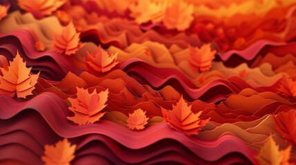 A papercut landscape ablaze with autumn colors - maple leaves in fiery reds and oranges cascading down textured paper hills.