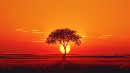 A minimalist line art illustration of a lone tree silhouetted against a fiery orange sunset.