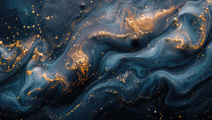  A dark blue background with swirling golden light, resembling the night sky and stars. Abstract design for a stylish wallpaper or mural on walls. Created with Ai