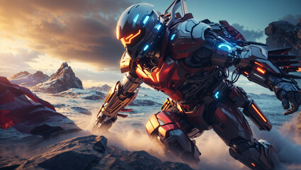 A soldier in a red and gray mech suit is walking on a snowy mountaintop