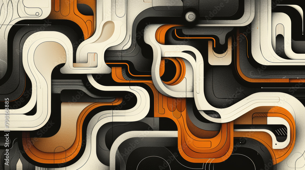Poster abstract image featuring a maze of interconnected, fluid, black and white lines with brown and orang