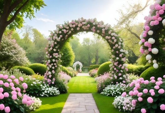 A beautiful garden arch covered in (white and pink flowers, with a lush green lawn and trees in the background. The arch creates an inviting and romantic entryway into the serene garden setting)