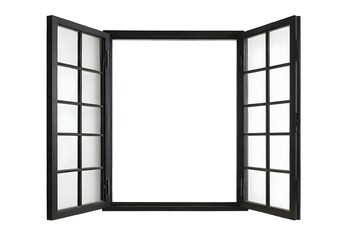 A black framed window with 12 glass panes, open to reveal a blank white background
