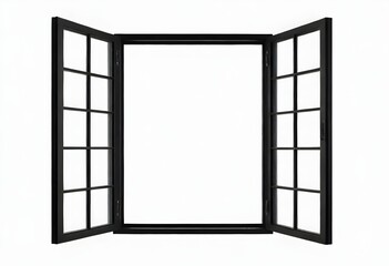 A black framed window with 12 glass panes, open to reveal a blank white background
