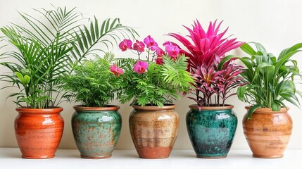 An assortment of tropical foliage and flowering plants in glazed terracotta pots